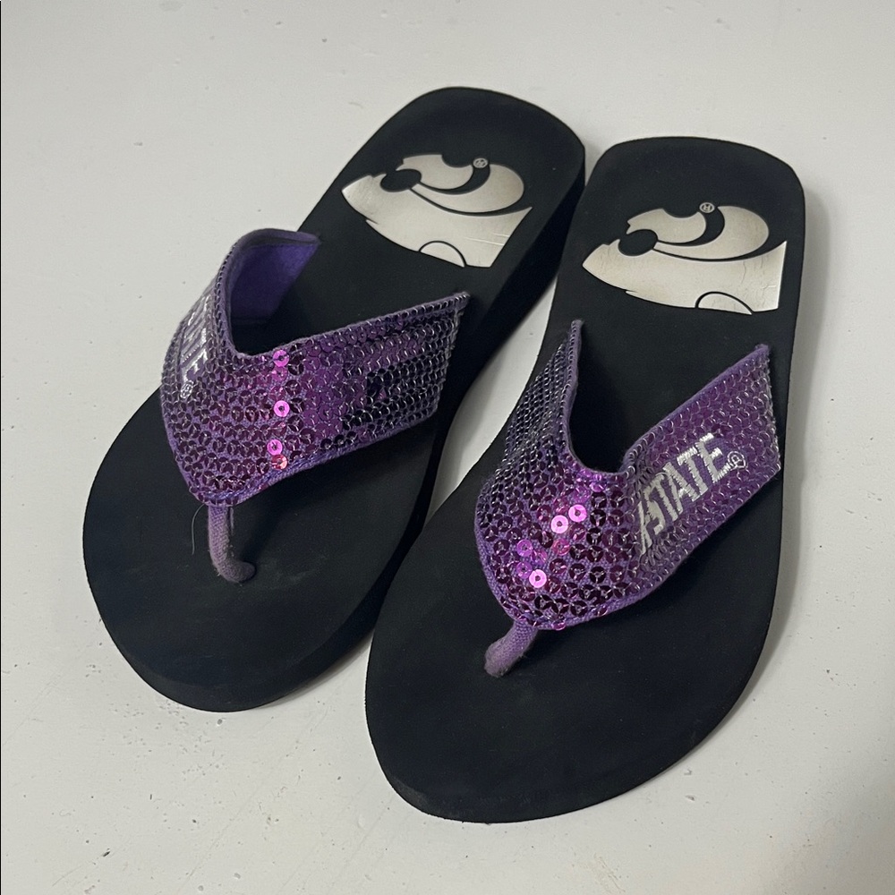 Sz 6 Black Purple Sequins K State Foam Wedge Flip Flop
